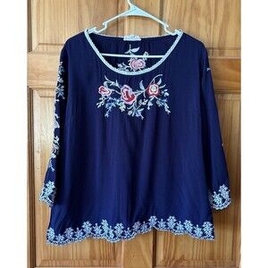 Solitaire Floral Embroidered Long Sleeve Boho Navy Blue Blouse Women’s Size XL